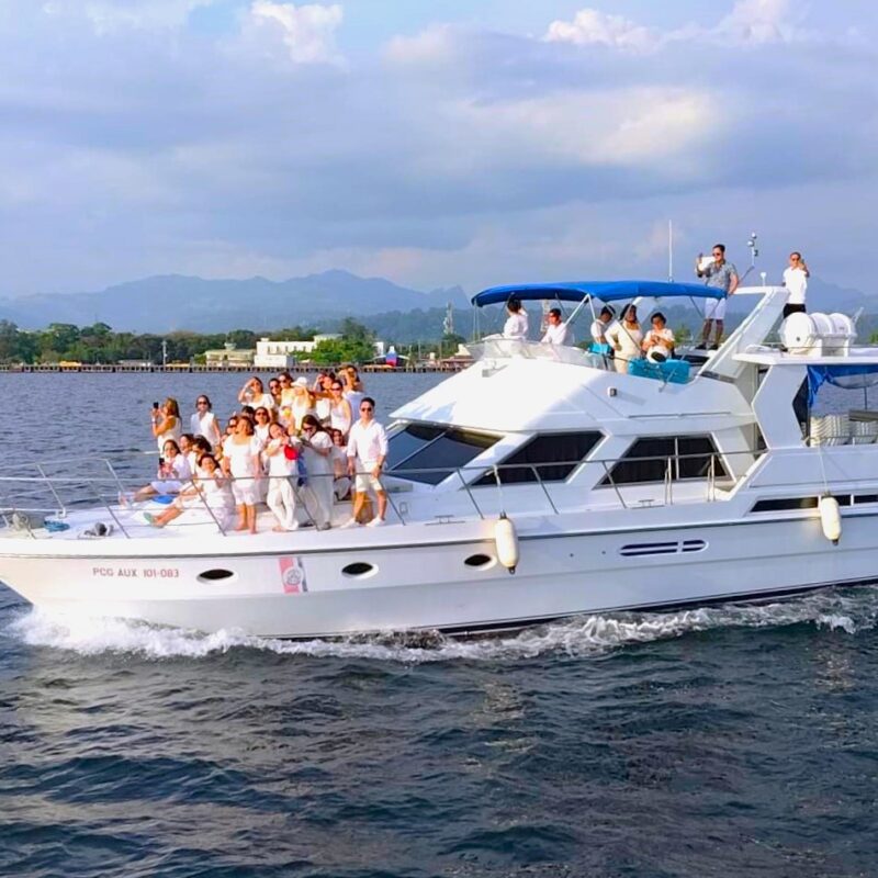 Keywords: boat rental, water Modified description: a group of people on a rented boat in the water.